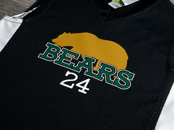 A jersey that reads "Bears 24" with the silhouette of a bear made with Old Gold, White, and Dark Green ThermoSport