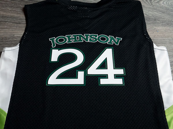 The back of a jersey reading "Johnson 24" made with White and Dark Green ThermoSport