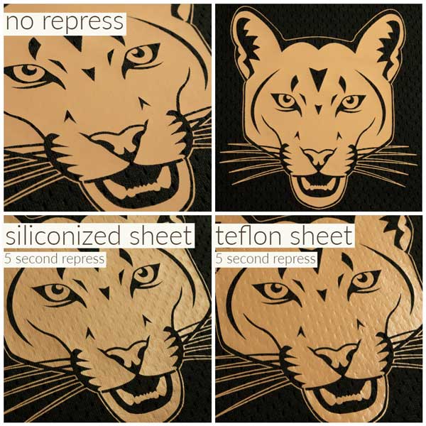 A comparison of the same design three different ways- one with no repress, one with a siliconized sheet repress, and one with a teflon sheet repress. It gives it a different finish depending on the press.