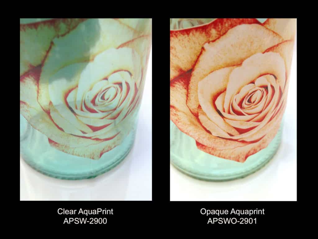 A comparison of AquaPrint Opaque and Clear- the image printed on both is a rose.