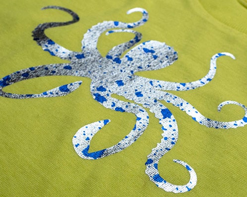 An octopus design on a shirt made using Blue Splash DecoFilm Soft Metallics