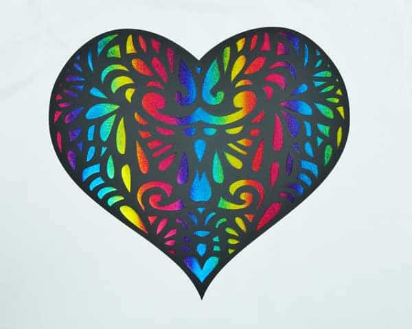 A heart made using Rainbow Multi DecoFilm Soft Metallics and ThermoFlex Plus