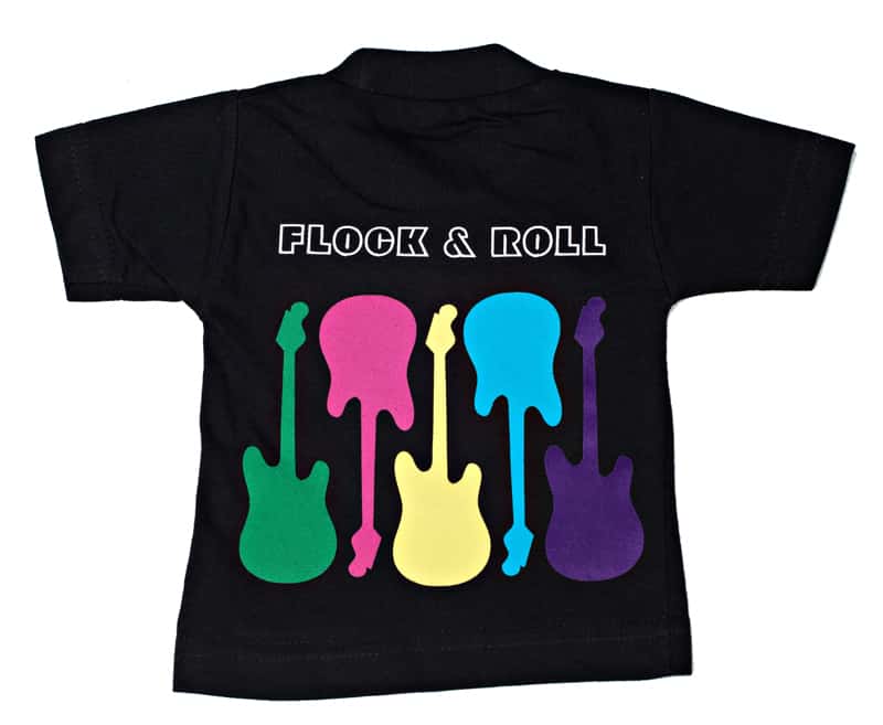 A shirt that reads "Flock and Roll" with guitars in various colors of Premium DecoFlock