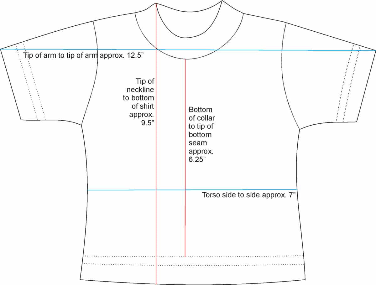 An image showing the dimensions of the mini tees