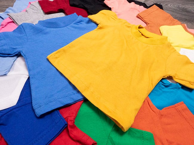 A close-up of the mini-tees, showing many of them and a wide variety of colors