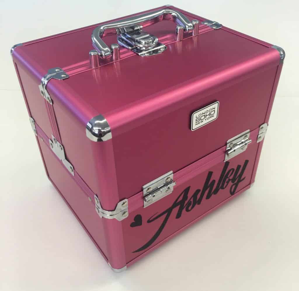 A makeup box decorated with the name "Ashley" in Black Pressure Sensitive GlitterFlex Ultra