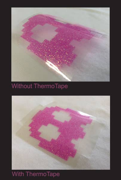 Showing how to use ThermoTape- showing a weeded material with and without ThermoTape