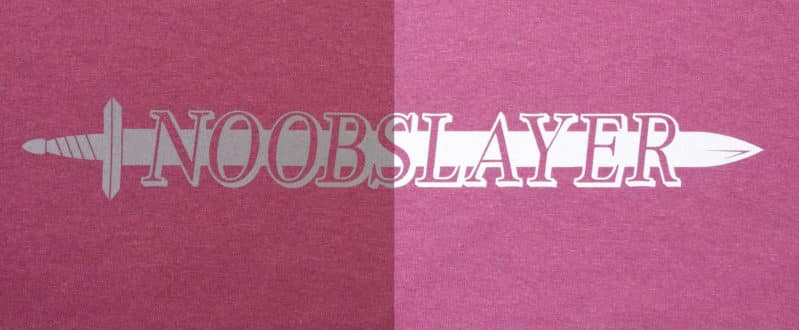 A shirt that reads "Noobslayer" showing the left side with no flash and the right side with flash in Black Reflection Decoration