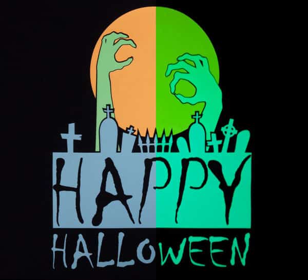 Happy Halloween design using Neon LuminousFlex showing before and after glow