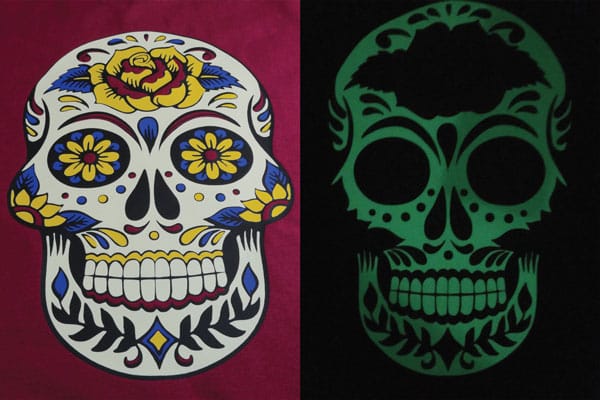 Sugar Skull Design in LF-4790 LuminousFlex and ThermoFlex Plus- it shows the design in the light and in the dark, where it is glowing.