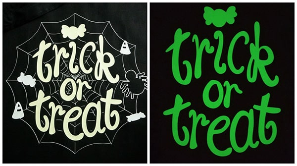 Design says Trick or Treat, made using LuminousFlex. It is shown two different ways- in light and in the dark where it glows green.
