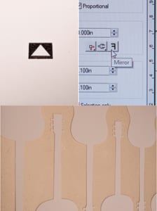 A composite image showing a test cut, a reminder to flip the cut file, and the weeded material