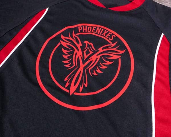 A jersey with a phoenix made with Red Subliblock Turbo