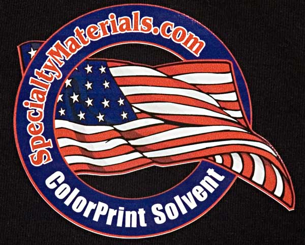 An American flag with the words "SpecialtyMaterials.com ColorPrint Solvent" printed onto ColorPrint Solvent Frost CPS-2165
