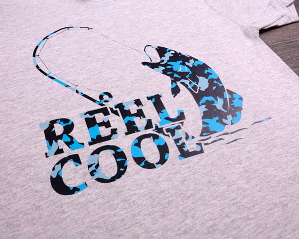 A fishing shirt that reads "Reel cool" in Camo Ice ThermoFlex Fashion Patterns