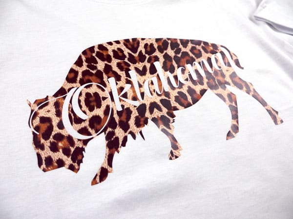 A buffalo with the word "Oklahoma" on it in Leopard ThermoFlex® Fashion Patterns