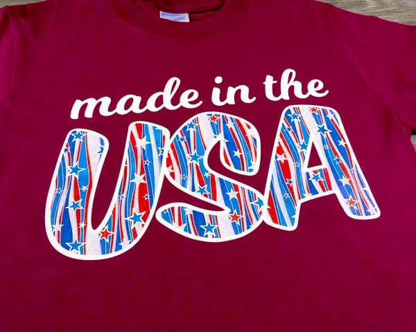 A shirt that reads "Made in the USA" made with ThermoFlex Plus and American Stars ThermoFlex Fashion Patterns Festive