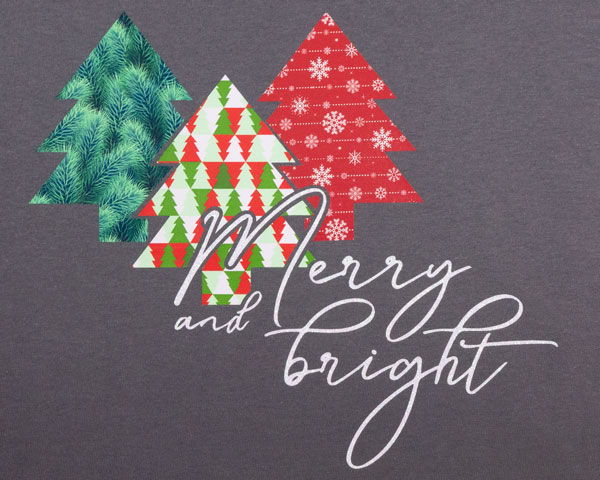 Three Christmas trees with the text "Merry and bright" in GlitterFlex Ultra and Holiday Pine, Christmas Tree Red/Green, and Wrapping Paper ThermoFlex Fashion Patterns Festive