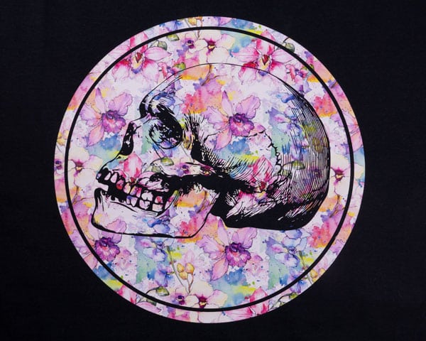 A detailed skull design made with Pastel Flowers ThermoFlex Fashion Patterns