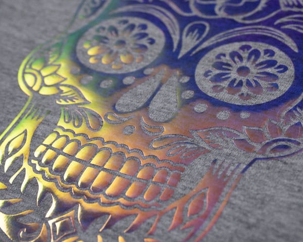 A close up of a sugar skull design made with Blue DecoFilm Brilliant Chameleon