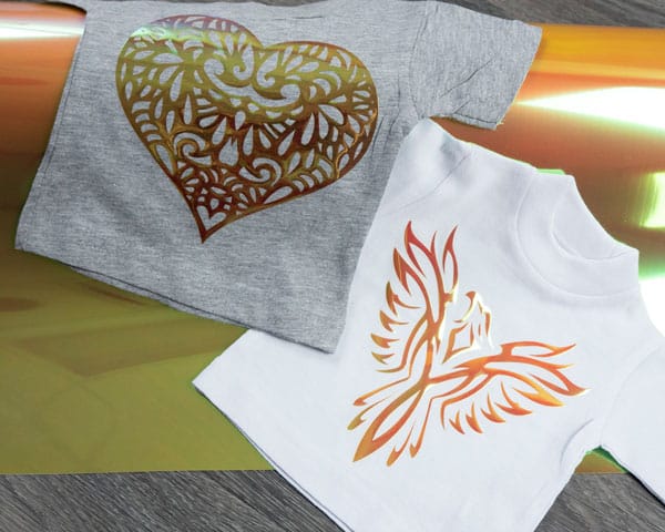 Two mini tees, one with a heart and one with a phoenix, made in Orange DecoFilm Brilliant Chameleon