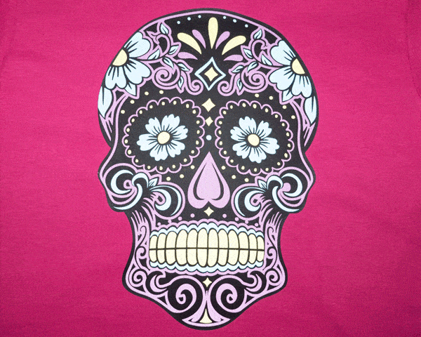 A GIF that shows a sugar skull design before and after flash made using ThermoFlex Plus and Reflection Decoration