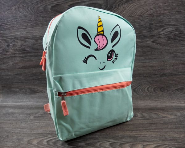 The finished backpack with the unicorn face made with ThermoFlex Turbo