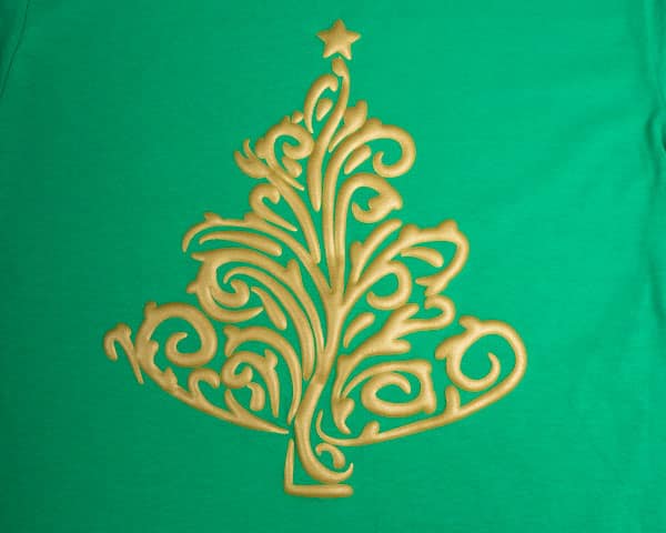 A swirly Christmas tree made with Gold FashionFlex® Puff