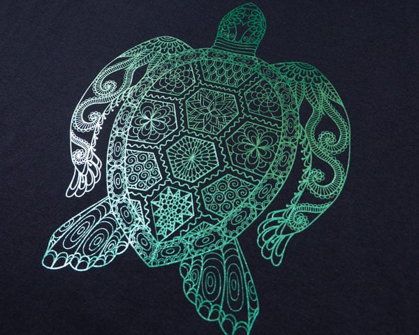 A detailed turtle design in Green PearlFlex, showing the small detail that can be achieved with PearlFlex