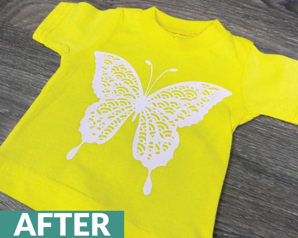 A butterfly design after heat has been applied so the FashionFlex Heat-Sensitive is now white