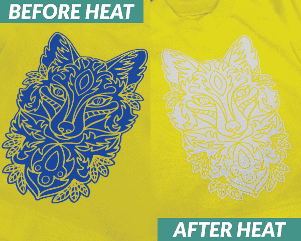 A detailed wolf in blue FashionFlex® Heat-Sensitive- the picture show the blue wolf before heat and how it turns white with heat