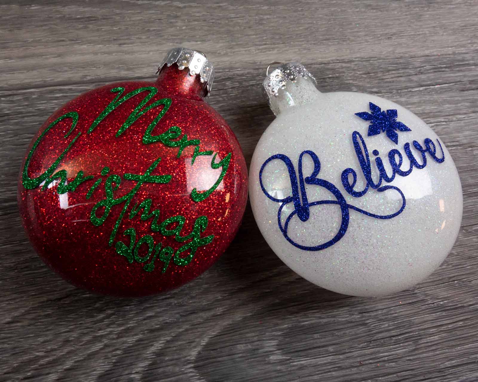 The final image of both completed ornaments using Pressure Sensitive GlitterFlex® Ultra