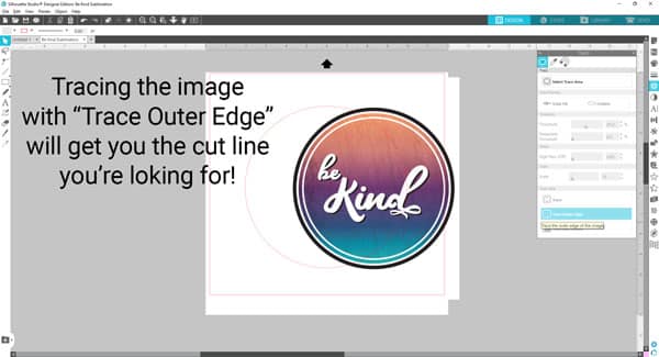 A screenshot of Silhouette Studio showing the user to trace the image with "Trace Outer Image" to get the cut line