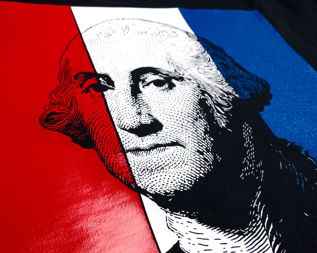 A close up of a very detailed design of George Washington in Glossy Red, Matte White, and Metal Flake Blue ThermoFlex® Plus