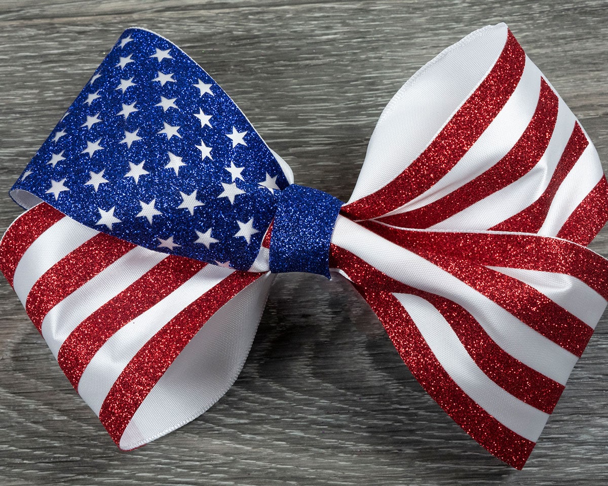 A bow with made with Red and Royal Blue GlitterFlex® Ultra to look like the American Flag
